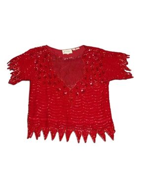 Vintage Dominique Red Silk Beaded Sequin Top Size M Rayon Lining